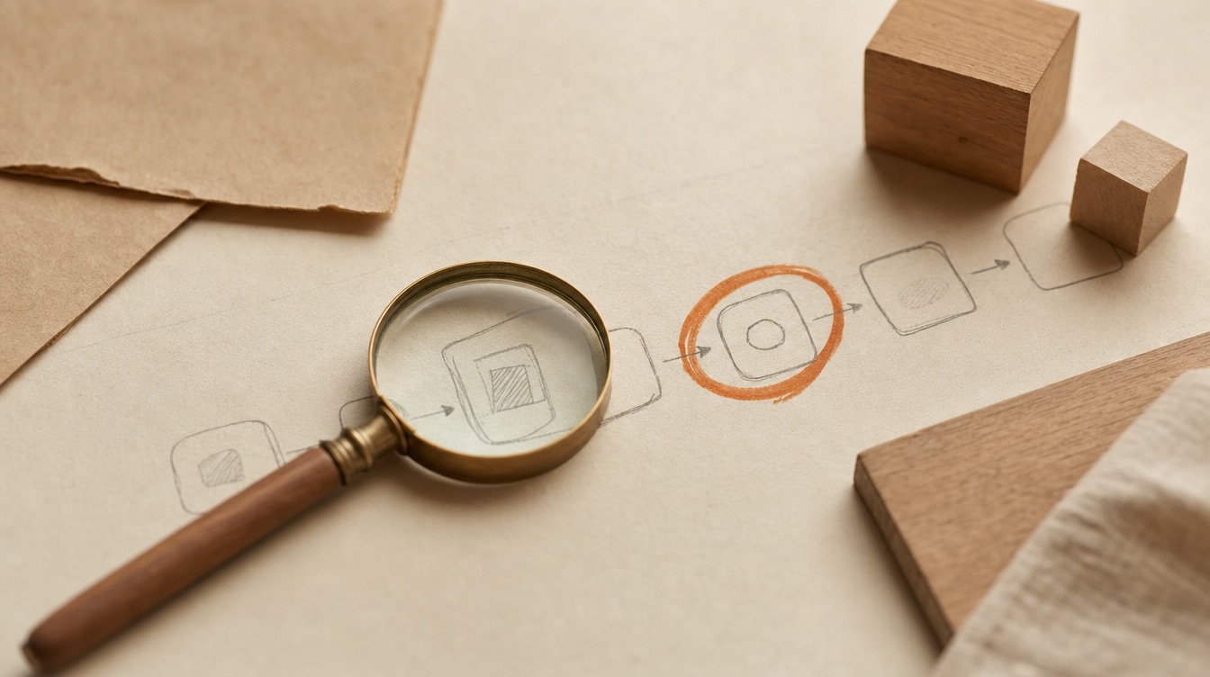 Minimalist still life: a magnifying loupe over a hand-drawn process map with a clay-orange marker on one step
