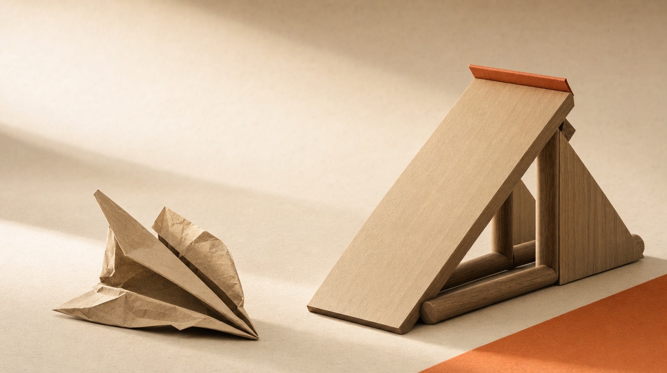 Minimalist still life: a paper airplane crashed beside a carefully assembled wooden launch ramp